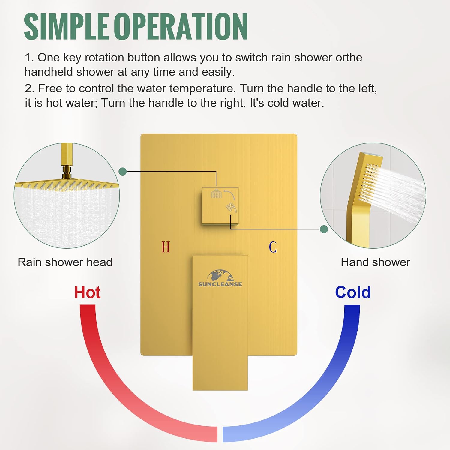 SunCleanse Rainfall Shower Faucet Set Brushed Gold Shower Combo Set for Bathroom with High Pressure 10 inch Shower Head with Handheld Shower Valves Shower Head and Handheld Ceiling Mounted