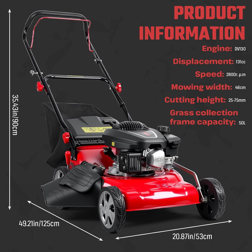Lawn Mower Gas Powered | Gas Mower with 50l Grass Bag Big Wheels | 131cc Gas Engine 3 in 1 Mulching | 50L Grass Tank, Foldable Design Red, Big Wheels & Easy Start | Fast Arrival Red