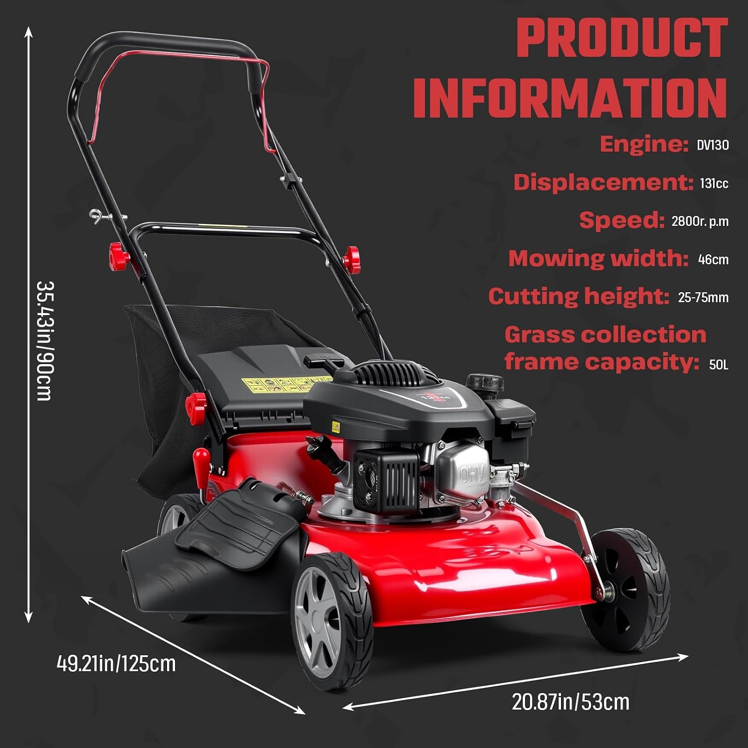 Lawn Mower Gas Powered | Gas Mower with 50l Grass Bag Big Wheels | 131cc Gas Engine 3 in 1 Mulching | 50L Grass Tank, Foldable Design Red, Big Wheels & Easy Start | Fast Arrival Red