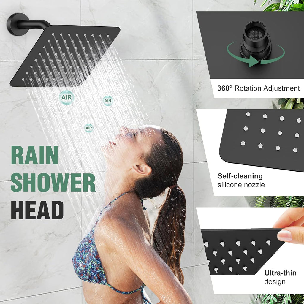 Shower System Rainfall Shower Faucets Set Matte Black, 8 Inch Wall Mounted Rain Shower Head with Handheld Spray Shower Valve and Trim Included