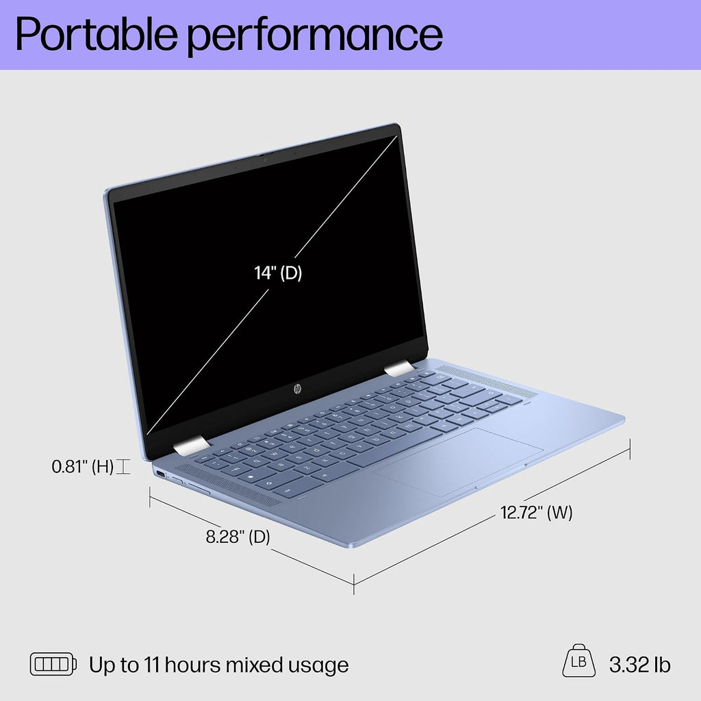 HP Chromebook x360 14 2-in-1 Touchscreen Laptop (14' HD, Intel N200, 4GB RAM, 192GB Storage (128GB SSD+64GB SD Card)) for Home, Students, HD Webcam, Wi-Fi 6, Long Battery Life, Chrome OS, Sky Blue