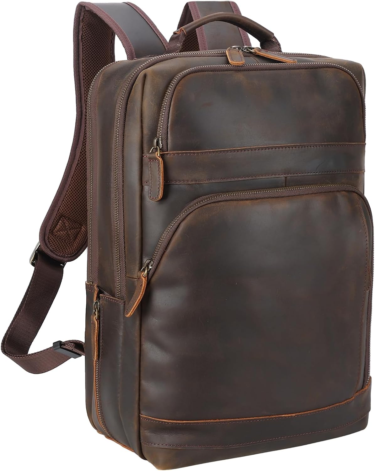 Masa Kawa Brown Leather Laptop Backpack for Men Fits 16' 15.6' Computer, Vintage Business Travel Work Large Daypack Weekender Bag Camping Rucksack