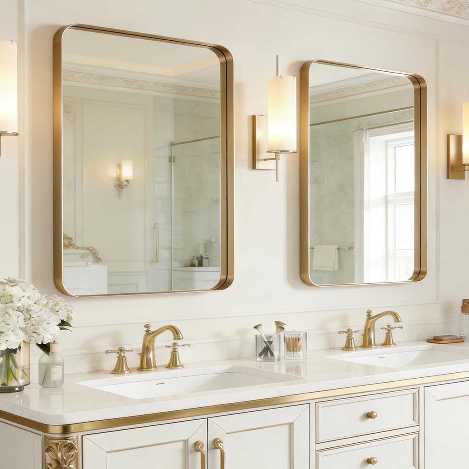 USHOWER Gold Bathroom Mirrors 22'x30' 2 Pack, Brushed Gold Rounded Rectangle Mirrors for Over Sink, Aluminum Frame, Anti-Rust, Tempered Glass, Horizontal or Vertical Mounted