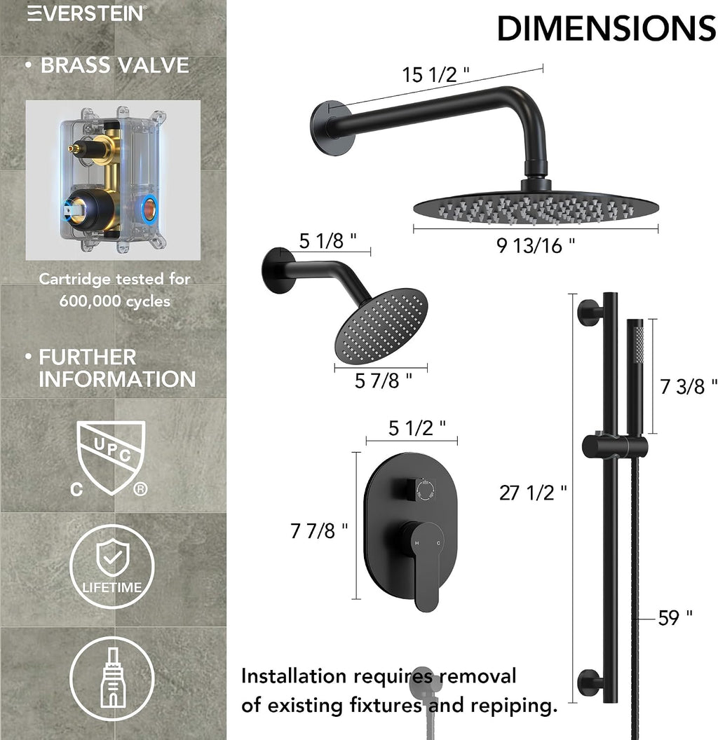 Wall Mount 10' High-Pressure Rainfall Shower Faucet with Slide Bar, Dual Rainfall Shower Head System with Valve (Matte Black)