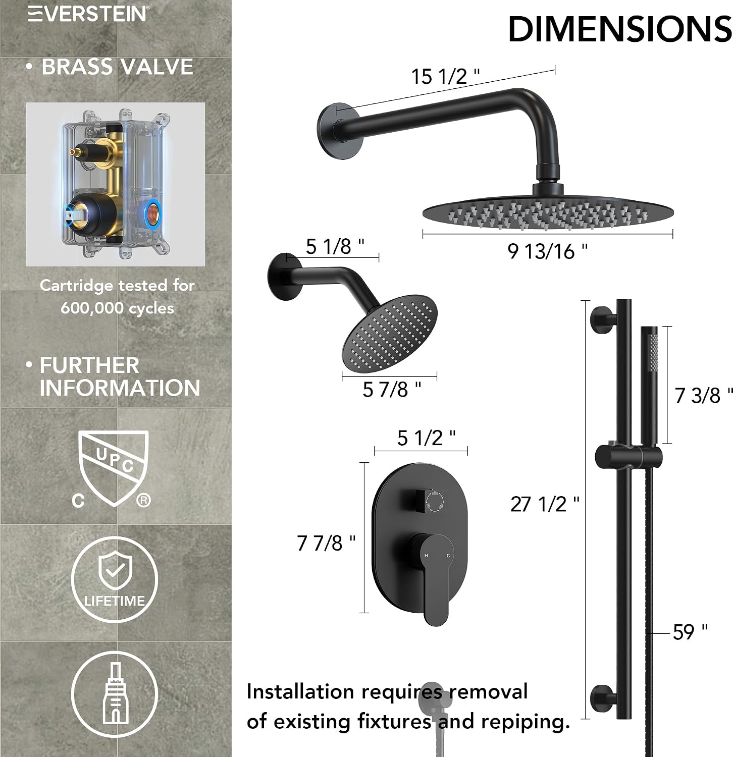 Wall Mount 10' High-Pressure Rainfall Shower Faucet with Slide Bar, Dual Rainfall Shower Head System with Valve (Matte Black)
