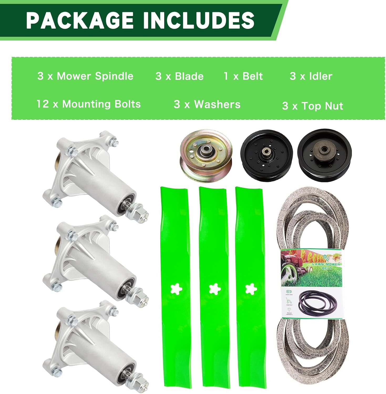 48 inch Rebuild Kit for Husqvarna YTH 2448 2348 22K48 23V48 1848XPT 2 Spindle 532187292 2 Blade 532173921 1 Idler 177968 1 Idler 196104 1 Idler 196106