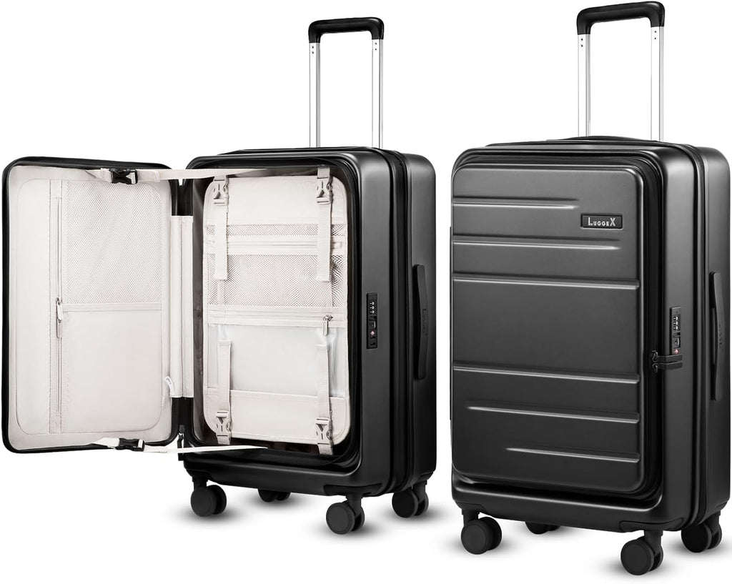 LUGGEX Checked Luggage Top Opening, FLT Expandable Polycarbonate Hard Shell Suitcase with Wheels (FX-Core, Black, 24 Inch, 63L-70L)
