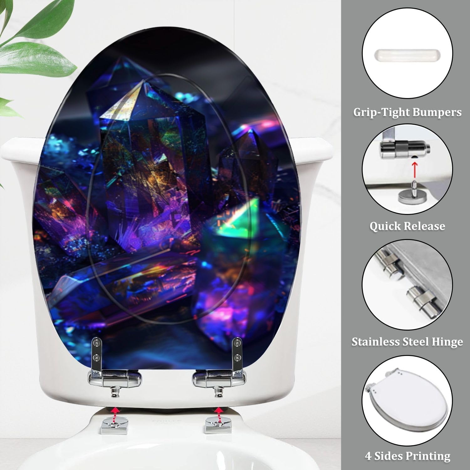 Elongated Toilet Seat Dark Background AYSt Quartz Facets Internal Glow Resin Toilet Seat Quietly Close Quick Release Hinges Decorative Toilet Seat with Cover Easy to Install