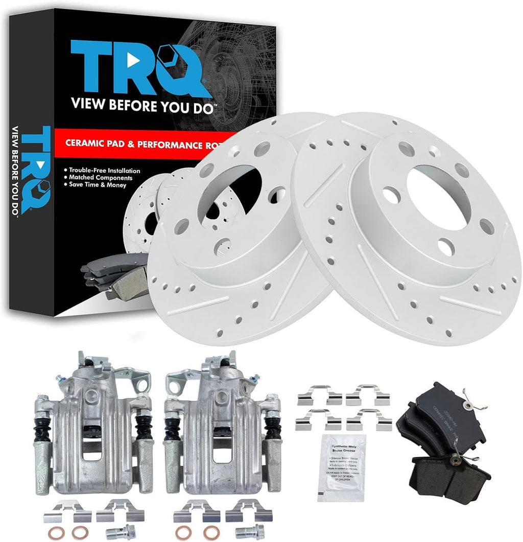 TRQ Performance Rear Brake Pad and Rotor Set Ceramic Drilled Slotted Solid Rotors Calipers Compatible with 1999 Volkswagen Jetta