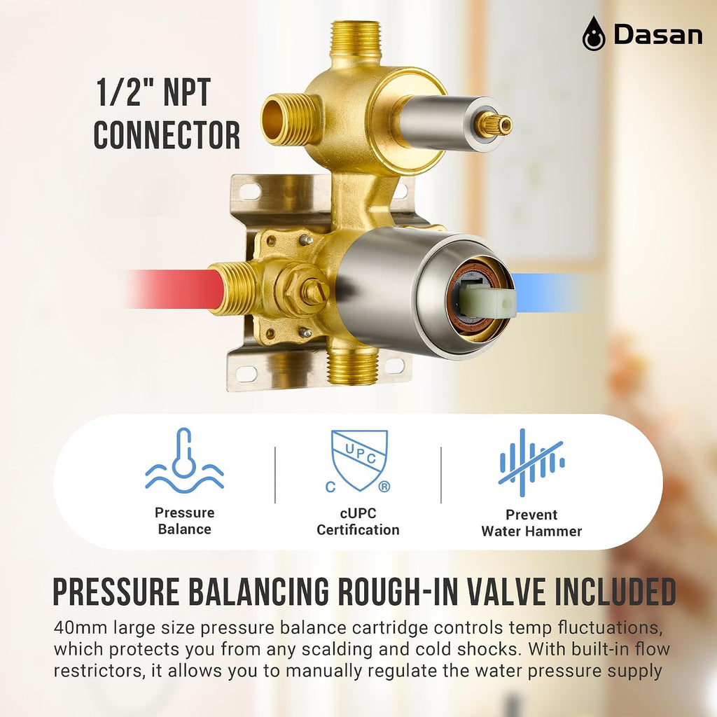 Dasan Dual Rain Shower System with Valve & handheld,Luxury Shower Faucet Set With Ceiling Mounted 12' & 6' Shower Head,Brushed Nickel Tandem Shower Head System for Couples