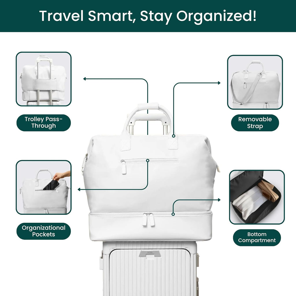 NOBL Travel Weekender Bag for Women & Men, Large Duffel Carry-On Tote with Trolley Sleeve, Separate Shoe Compartment & Laptop Pocket, Leather Overnight Bag for Airplane, Gym, Road Trips - Ivory