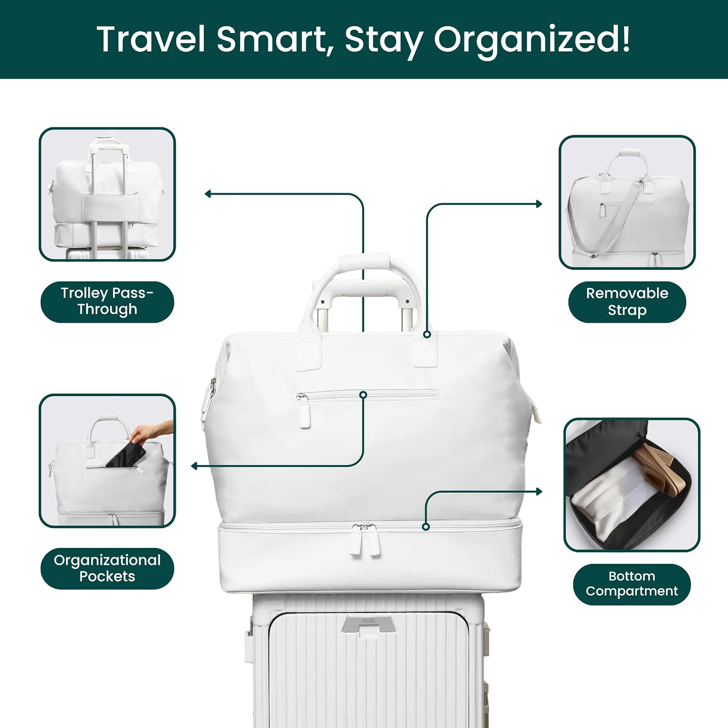 NOBL Travel Weekender Bag for Women & Men, Large Duffel Carry-On Tote with Trolley Sleeve, Separate Shoe Compartment & Laptop Pocket, Leather Overnight Bag for Airplane, Gym, Road Trips - Ivory