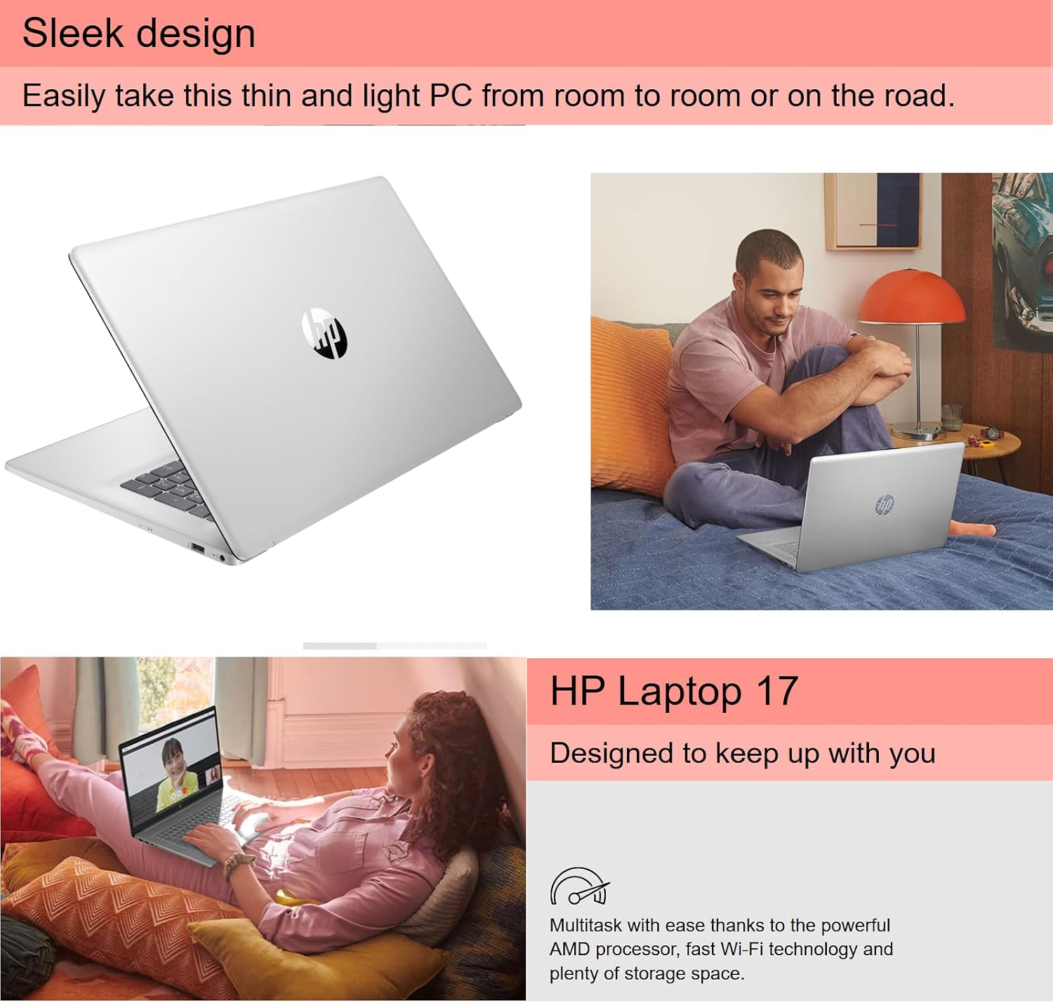 HP 17.3-inch Laptop, 1920 * 1080 FHD Display, Windows 11 Pro, AMD Ryzen 5 7430U, Students and Business, 16GB Memory, 512GB SSD, Webcam, Wi-Fi, Bluetooth, w/Accessories