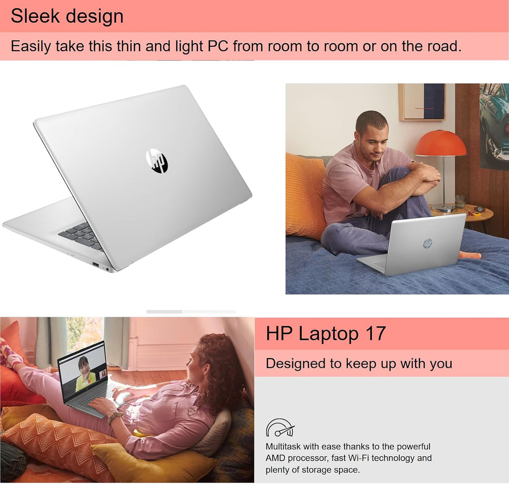 HP 17.3-inch Laptop, 1920 * 1080 FHD Display, Windows 11 Pro, AMD Ryzen 5 7430U, Students and Business, 32GB Memory, 2TB SSD, Webcam, Wi-Fi, Bluetooth, w/Accessories