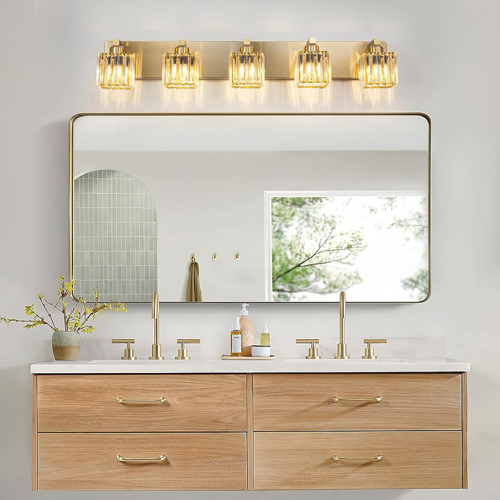 Gold Crystal Bathroom Vanity Lights, 5 Lights Bathroom Lighting Fixtures Over Mirror Modern Gold Crystal Wall Light with Square Shade