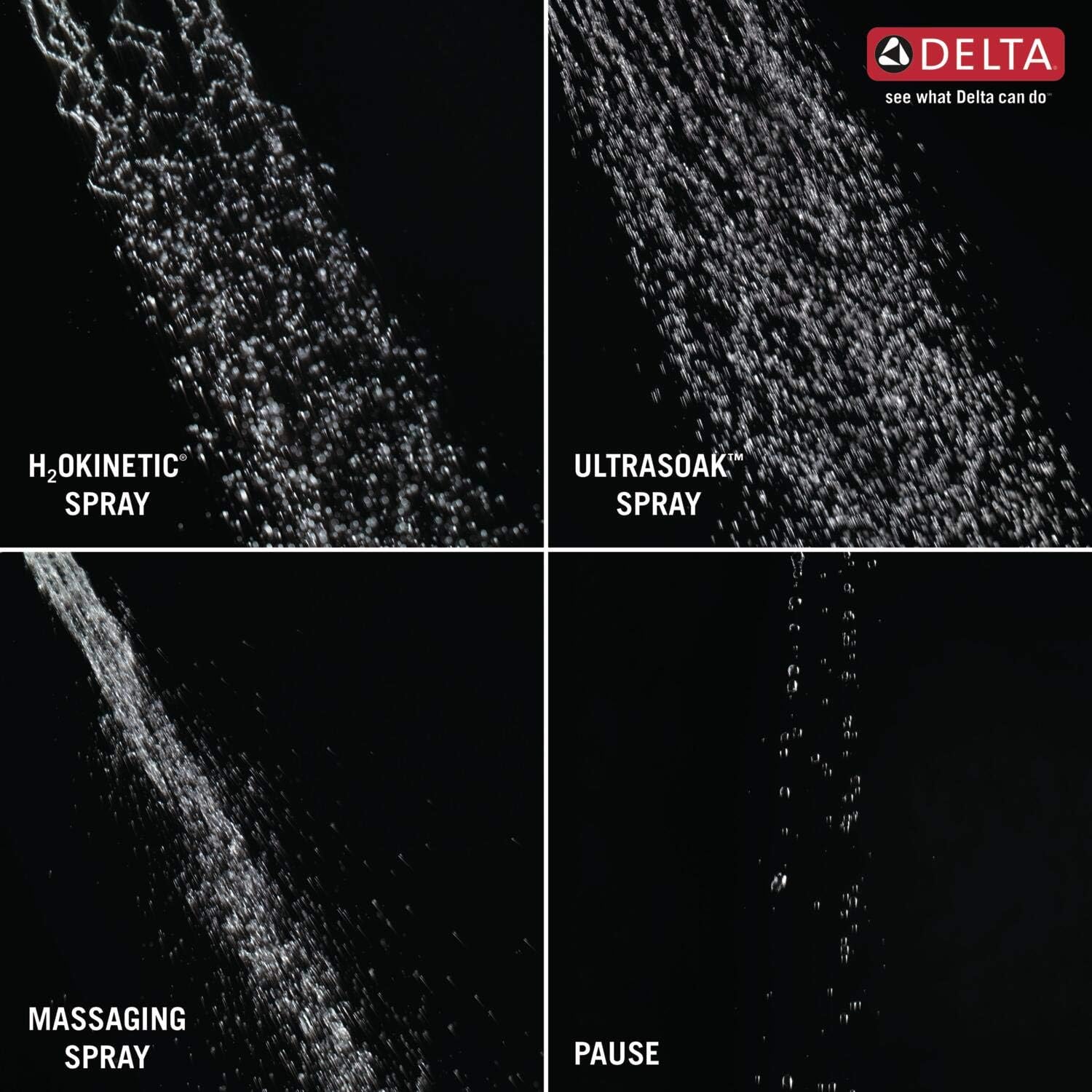 Delta 4-Setting Matte Black Shower Head with H2Okinetic Spray, 4 Inch Square Shower Head, Showerheads, 1.75 GPM Flow Rate, Matte Black 52484-BL