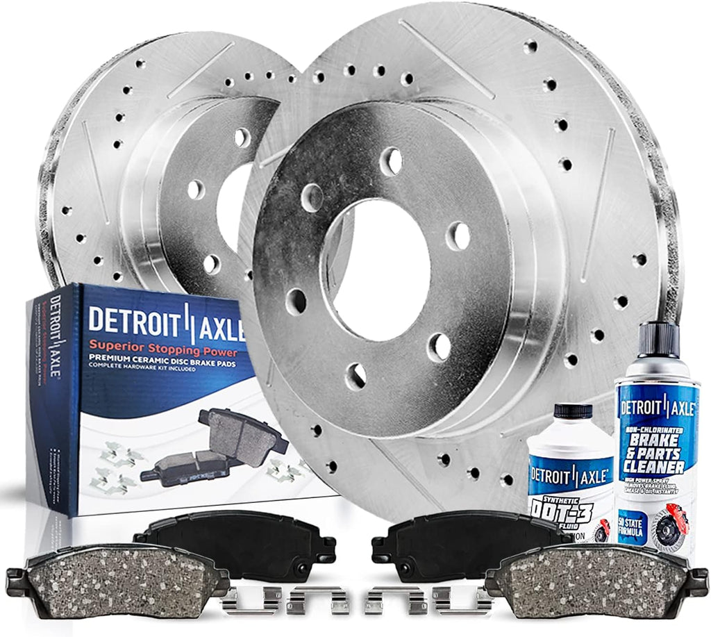 Detroit Axle - Rear Brake Kit for 2012 2013 2014 2015 2016 2017 2018 2019 2020 Ford F-150 [6 Lugs, Manual Parking] Drilled Slotted Disc Brake Rotors Ceramic Brakes Pads Replacement : 13.7' inch Rotor