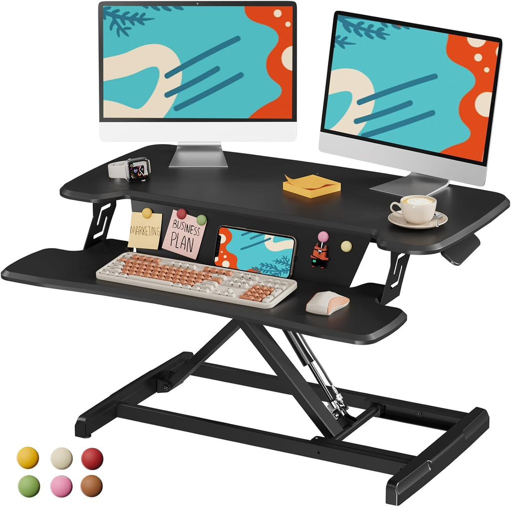 JOY worker Standing Desk Converter, 32' Height Adjustable Sit Stand Up Desk Riser with Keyboard Tray & 6 Fridge Magnets, Desktop Workstation Riser for Home Office Computer Laptop, Black