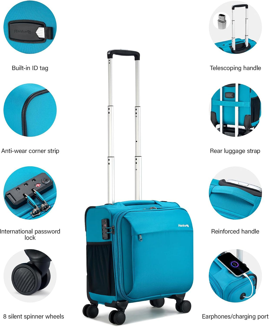 Hanke 16 Inch Underseat Carry On Luggage with Wheels Small Suitcase Softside Luggage Bags for Travel Lightweight Suitcases with Wheels Travel Luggage Personal Item for Men and Women(Caribbean Blue)