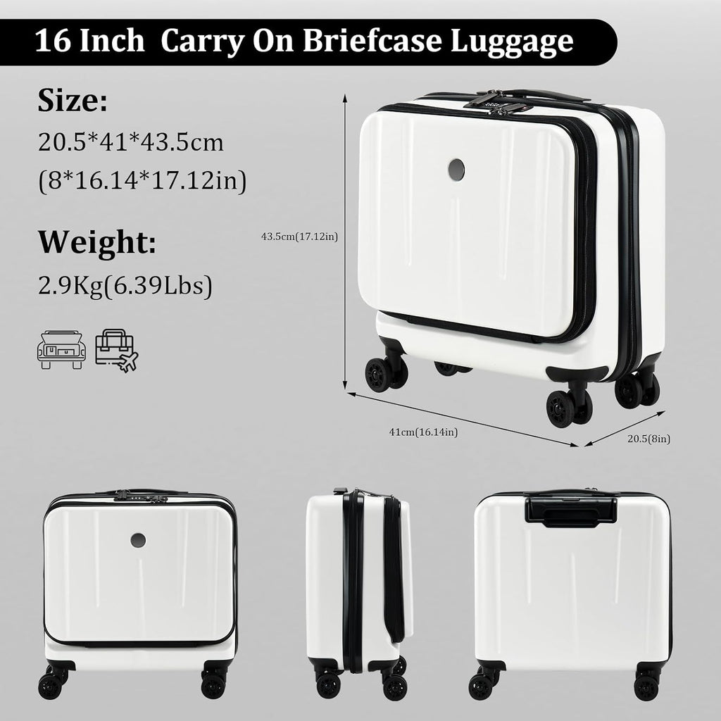 16 Inch Carry On Luggage with 2 Compartments for 14' & 15' Laptop, 16.14*8*17.12' Rolling Briefcase, Lightweight Hardshell ABS+PC Suitcase with Spinner Silent Wheels, for Business Trip, Milky White