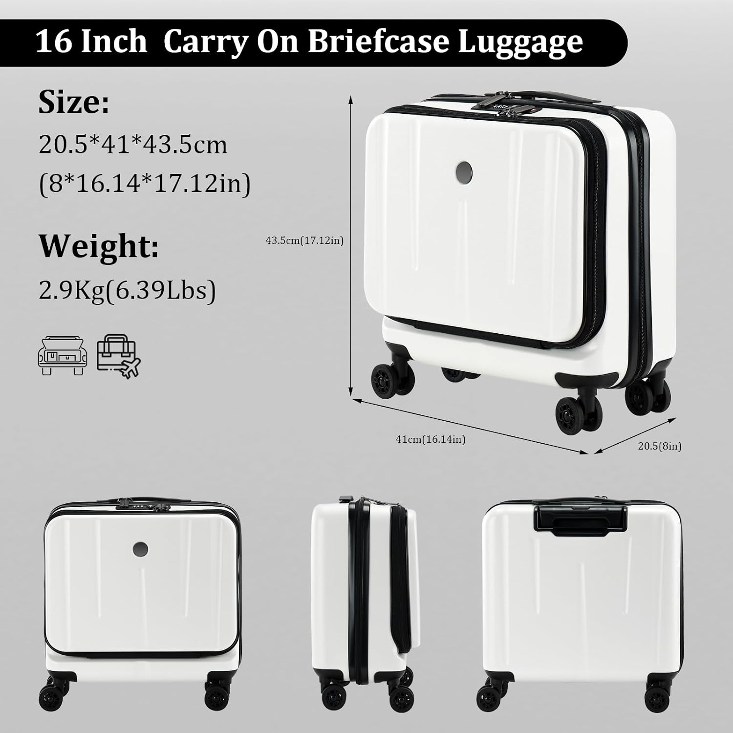 16 Inch Carry On Luggage with 2 Compartments for 14' & 15' Laptop, 16.14*8*17.12' Rolling Briefcase, Lightweight Hardshell ABS+PC Suitcase with Spinner Silent Wheels, for Business Trip, Milky White