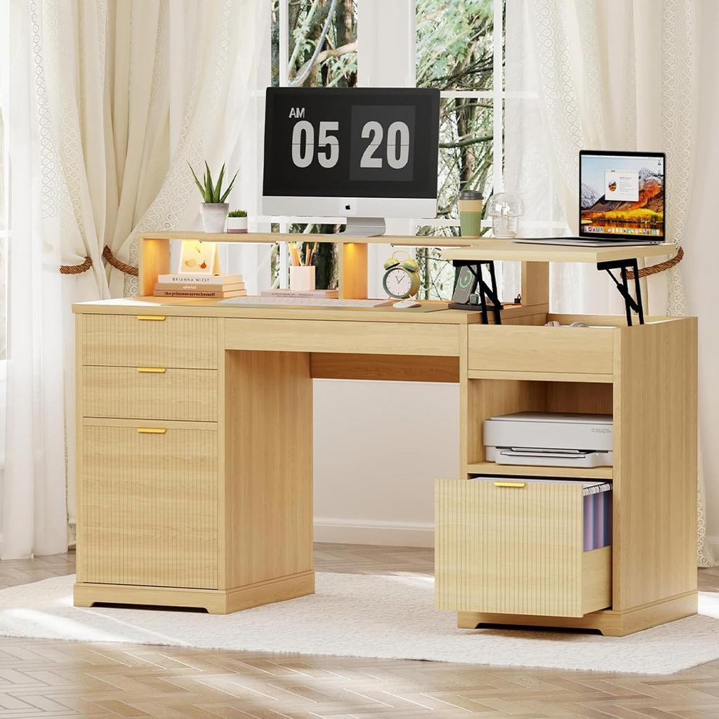 Fluted Executive Desk with File Drawers, 63' Fluted Home Office Desk with Lift Top, Gaming Desk, Charging Station, Sensor Lights, Wood Computer Table with Monitor Stand