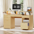 Fluted Executive Desk with File Drawers, 63' Fluted Home Office Desk with Lift Top, Gaming Desk, Charging Station, Sensor Lights, Wood Computer Table with Monitor Stand