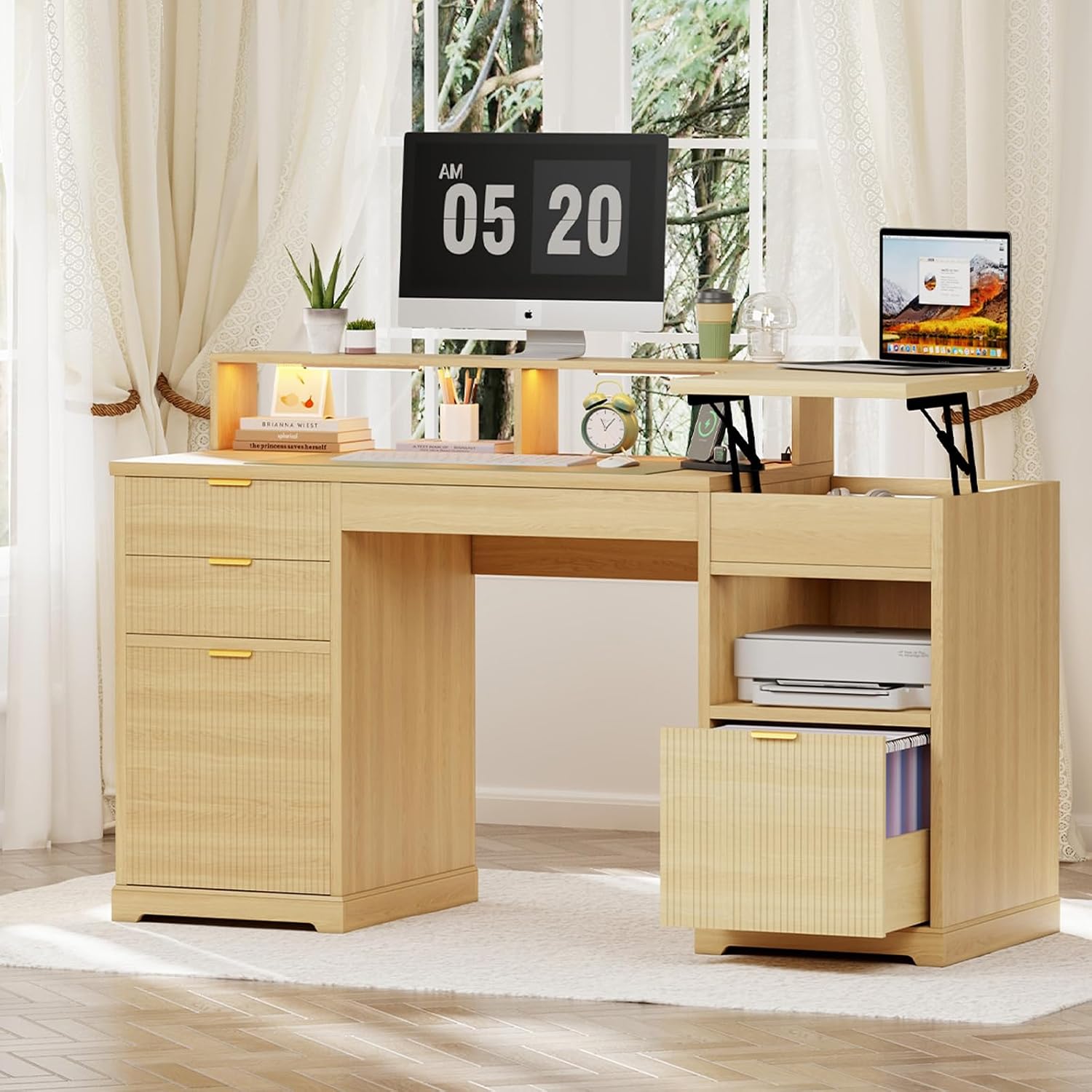 Fluted Executive Desk with File Drawers, 63' Fluted Home Office Desk with Lift Top, Gaming Desk, Charging Station, Sensor Lights, Wood Computer Table with Monitor Stand