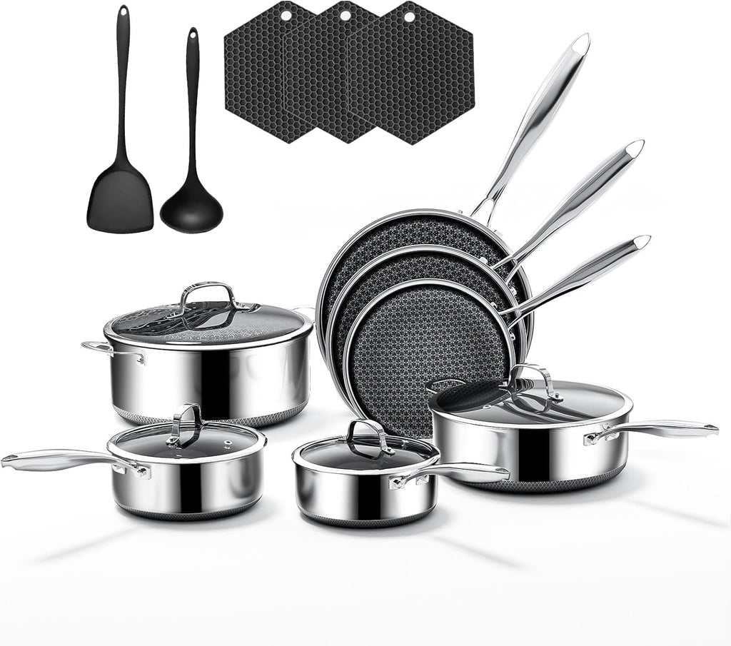 16-Piece 5 Ply Stainless Steel Cookware Set with Lids, Pots and Pans Set Non Stick, Non-Toxic, for Induction, Oven, Dishwasher Safe, RV Essentials, Kitchen Appliances
