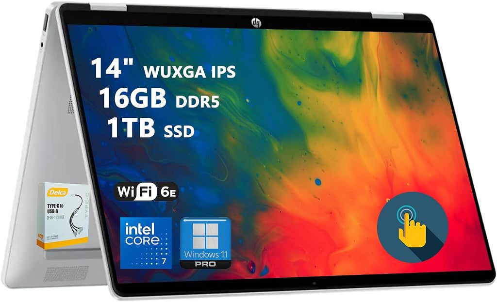 HP OmniBook 5 Flip 2-in-1 Laptop | 14' WUXGA IPS Touchscreen | 10-Core Intel Core 7 150U | 16GB DDR5 1TB SSD | Backlit Keyboard Wi-Fi6E 5MP IR Privacy Camera Win 11 Pro w/DLCA Accessory