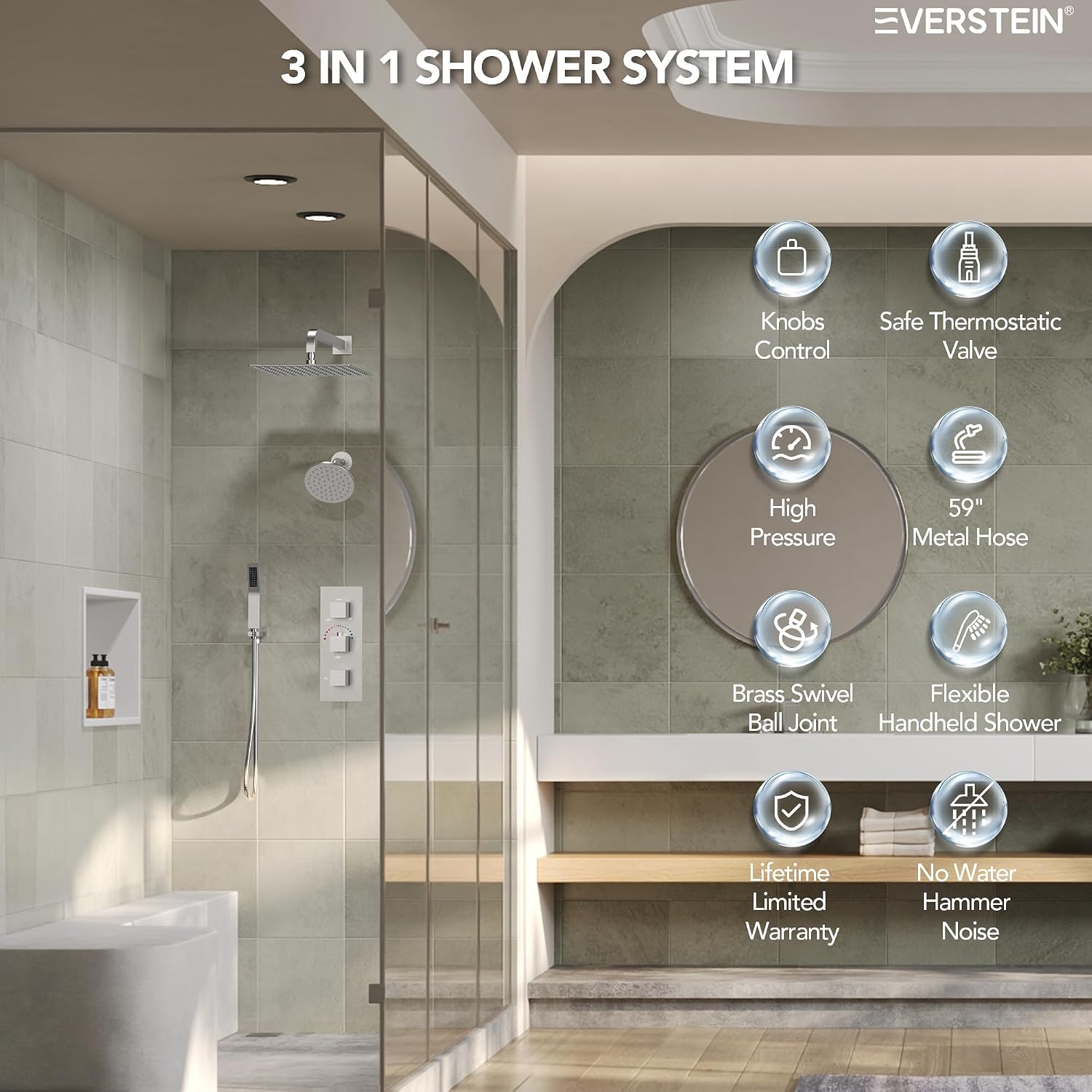 Thermostatic Shower system, 12 & 6 in. Bathroom Shower Set Wall Mount Dual Shower Head Faucet inBrushed Nickel