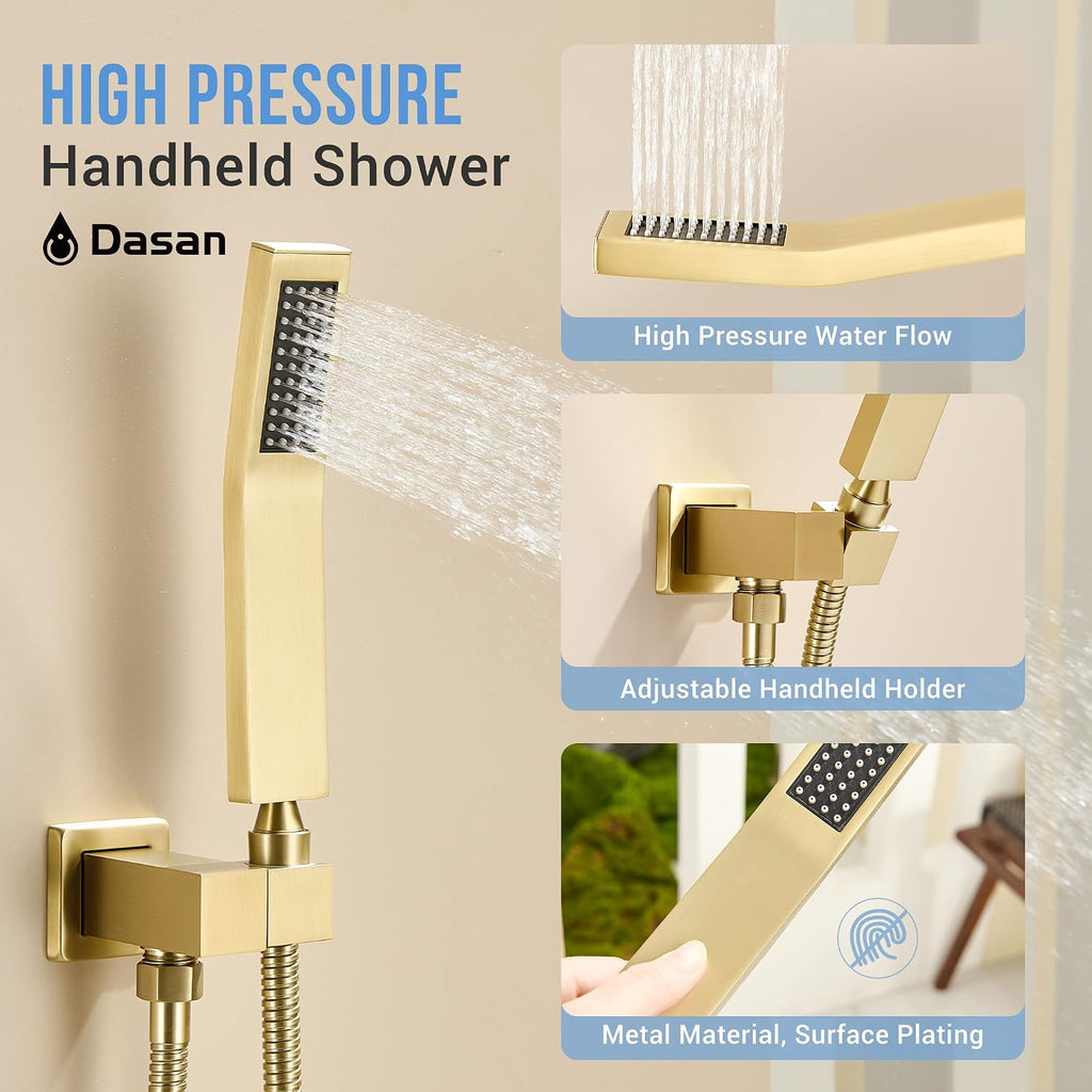 Dasan Dual Rain Shower System with Valve & handheld,Luxury Shower Faucet Set With Ceiling Mounted 12' & 6' Shower Head,Brushed Gold Tandem Shower Head System for Couples 2 Person