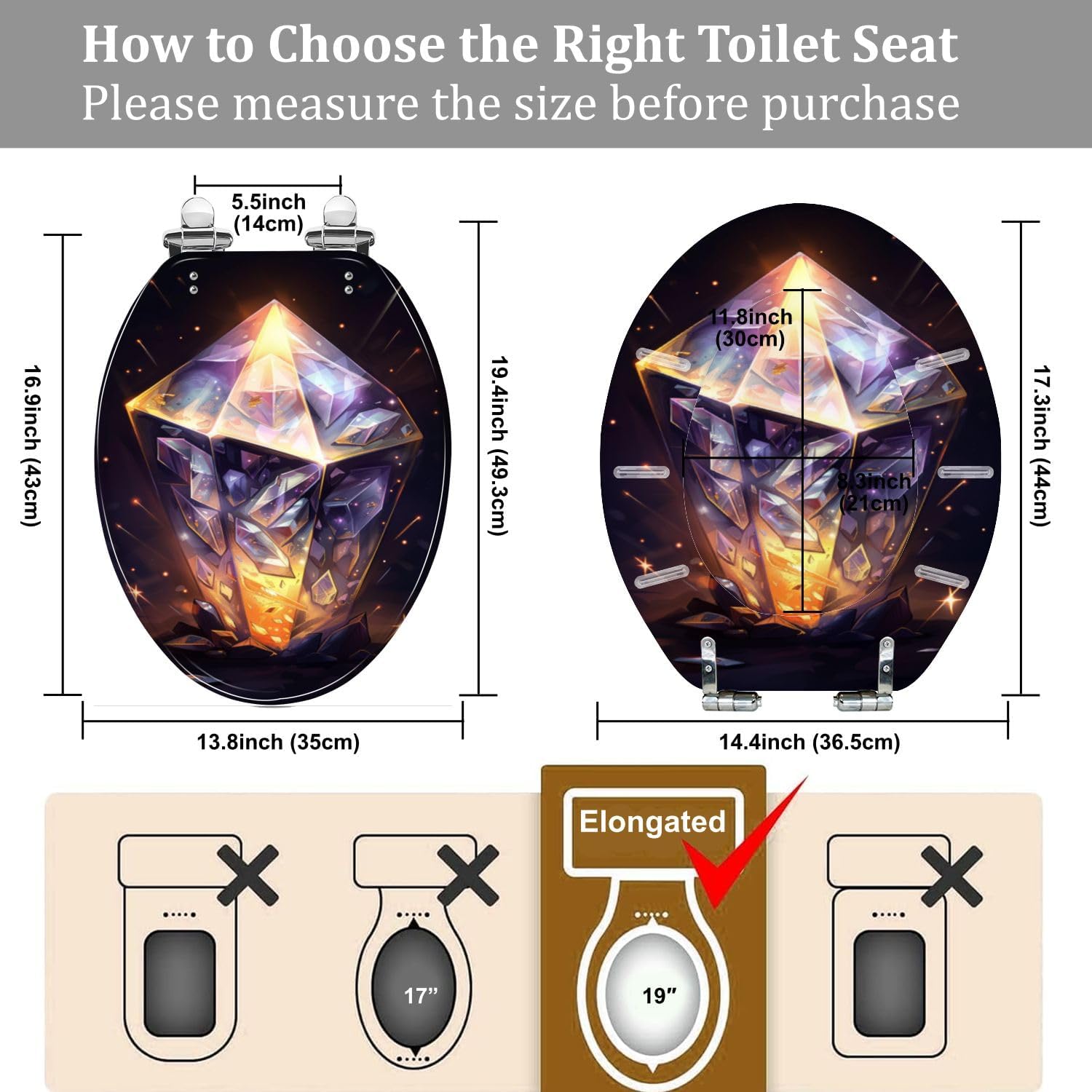 Elongated Toilet Seat Ayst Crystal Gem Purples Gold Silver Flecks Resin Toilet Seat Quietly Close Quick Release Hinges Decorative Toilet Seat with Cover Easy to Install