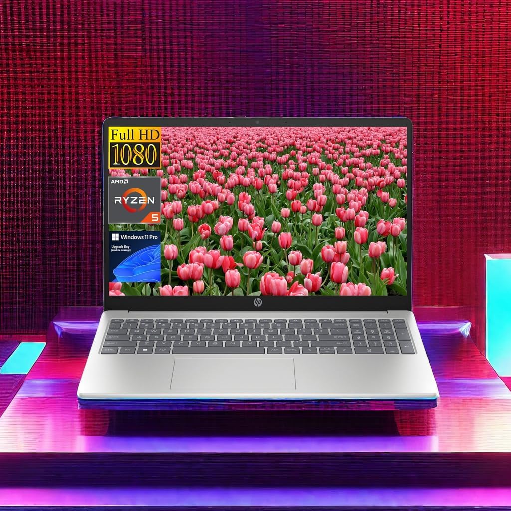HP 2024 15.6' FHD Laptop - AMD Ryzen 5-7520U(Beat i5 1235U), 16GB DDR5 RAM, 1TB SSD, Up to 12.5 Hours Long Battery Life, Webcam, Wi-Fi 6, Fast Charge, Windows 11 Pro, with Laptop Stand