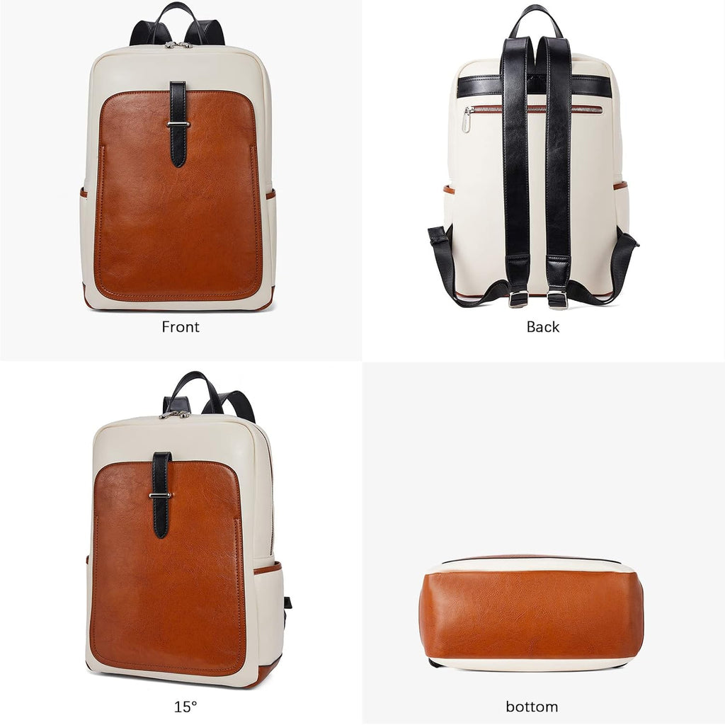 BOSTANTEN Leather Laptop Backpack for Women,15.6 inch Computer Backpack Purse College Daypack Work Travel Bag Beige-brown