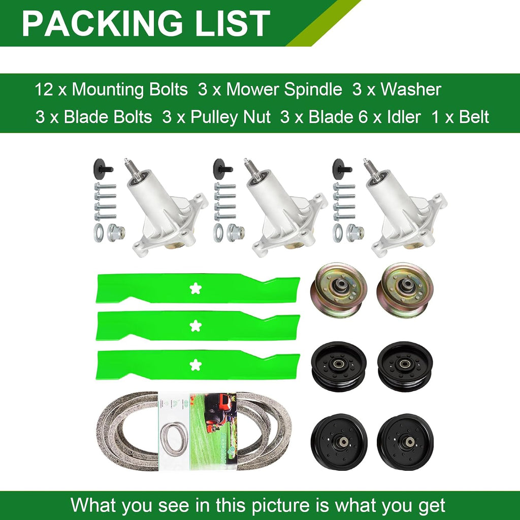 48 Inch Mower Deck Rebuild Kit - Fits Hu sqvarna 2448T 2748GLS YTH2348 Poulan Pro PB24H48YT with 48' Deck, 3 Spindles (532187292)+3 Blades (21547939)+6 Idlers (177968,196104,196106)+1 Belt (197242))