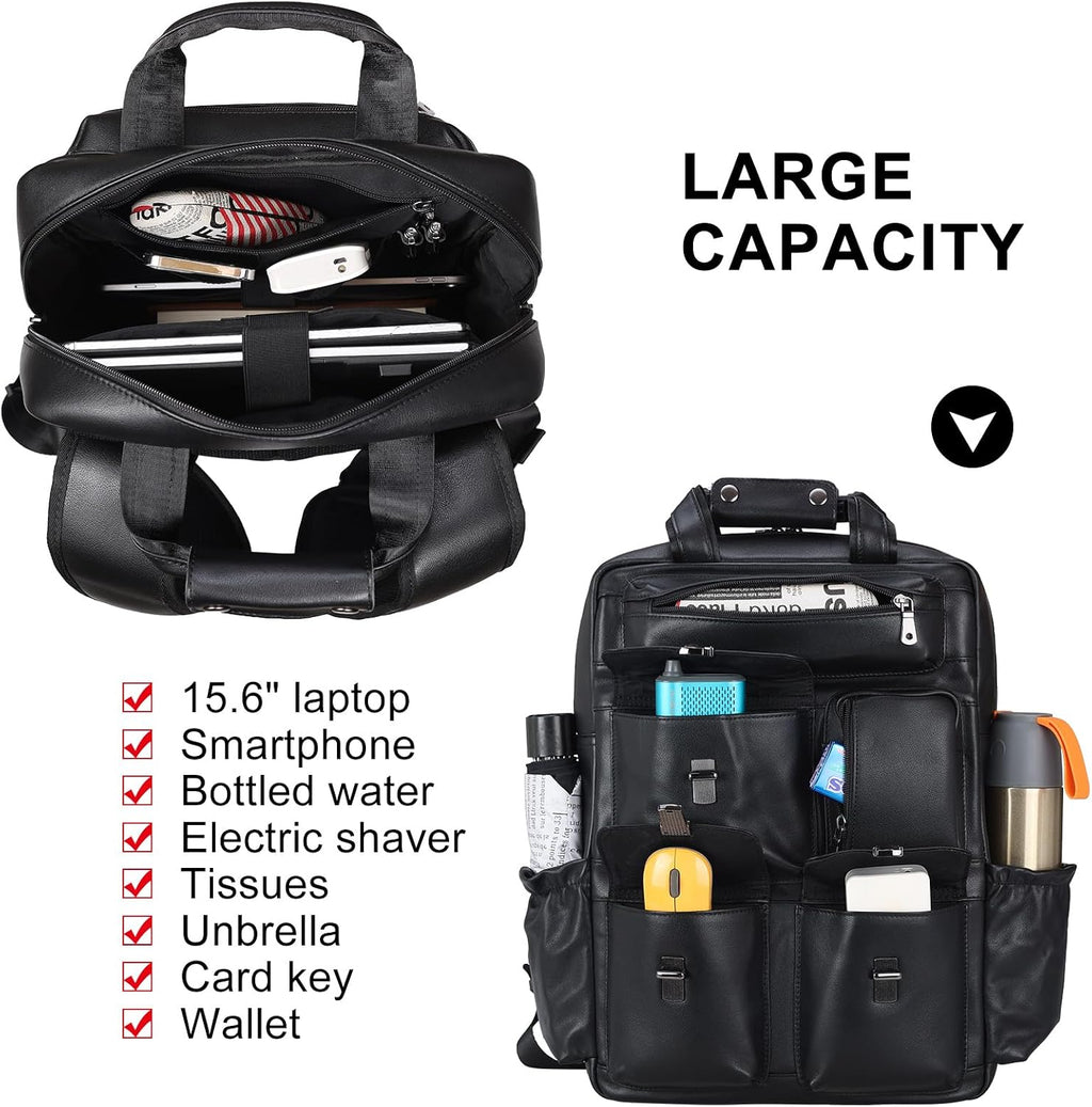 Masa Kawa Black Leather Backpack for Men 15.6 Inch Laptop Bag Multi Pockets Casual Work Business Travel Daypack