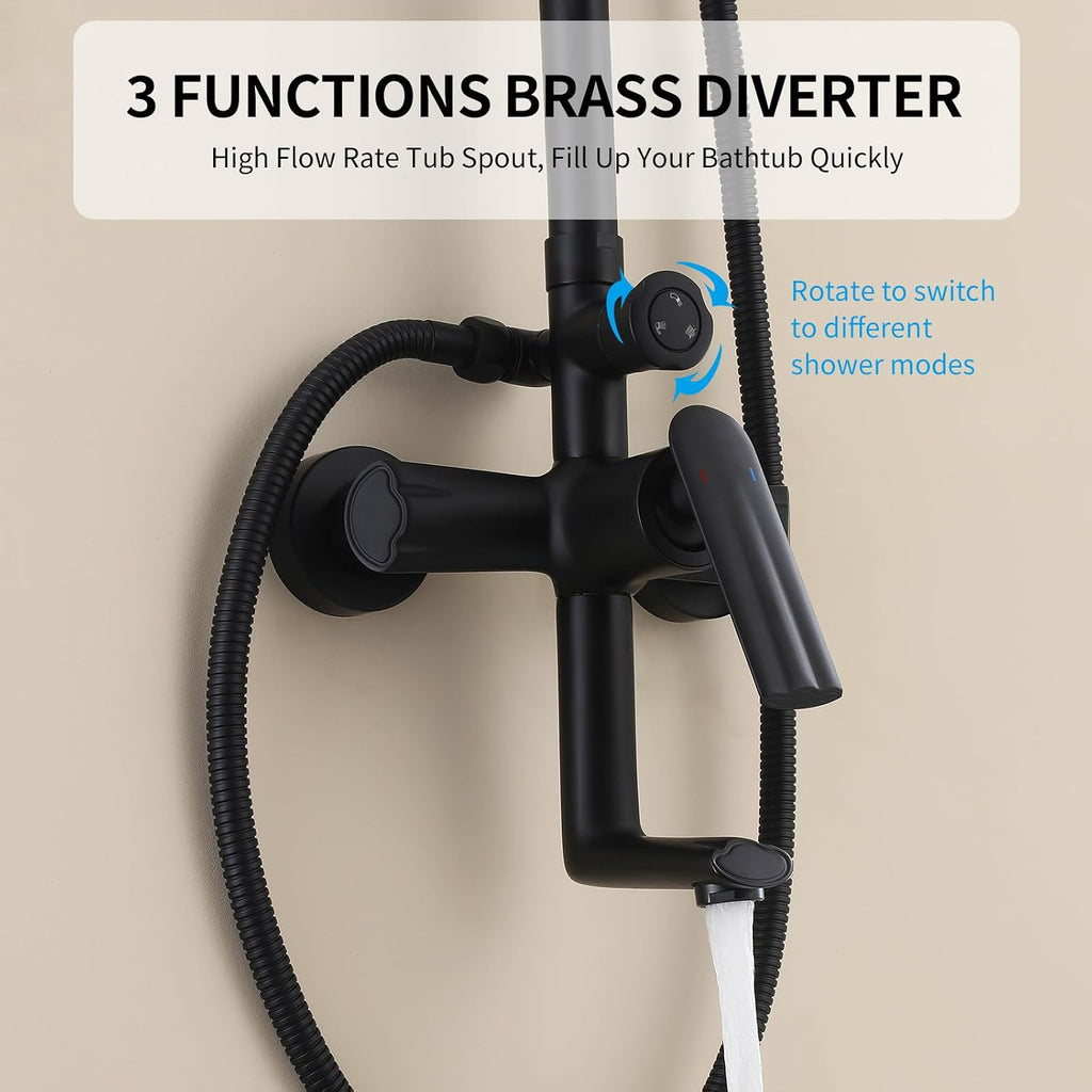 Exposed Shower Syem with Handheld, 3 Functions Bathtub Shower Faucet Sets with Brass Valve, Shower Fixture with 10-Inch Rainfall Shower Head, Height Adjustable Shower Set Matte Black