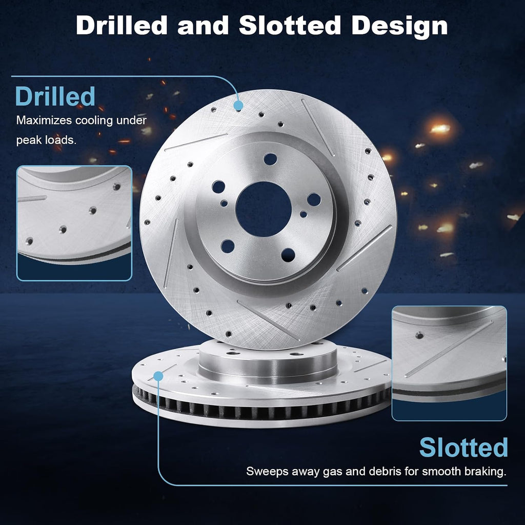 Front & Rear Drilled and Slotted Disc Brake Rotors & Ceramic Brake Pads Kit Fit for Lexus 2007-2012 ES350; for Toyota 2007-2011 Camry, 2008-2012 Avalon #31434 D1293 31433 D1212
