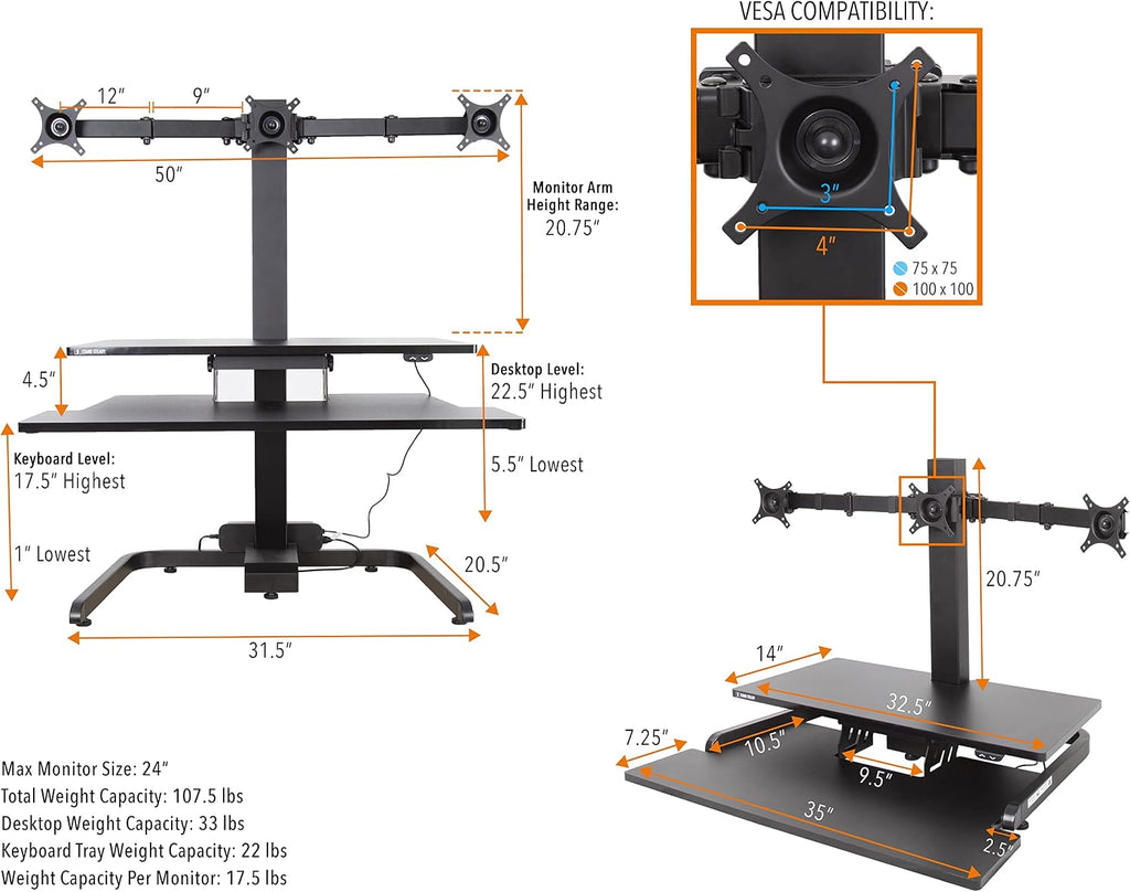 Stand Steady Techtonic Electric Standing Desk Converter wIth Triple Monitor Mount, 3 Screen Support, Quiet Sit-Stand Desk with Button Control, Keyboard Tray, Ideal for Gaming & Computer Work (Black)