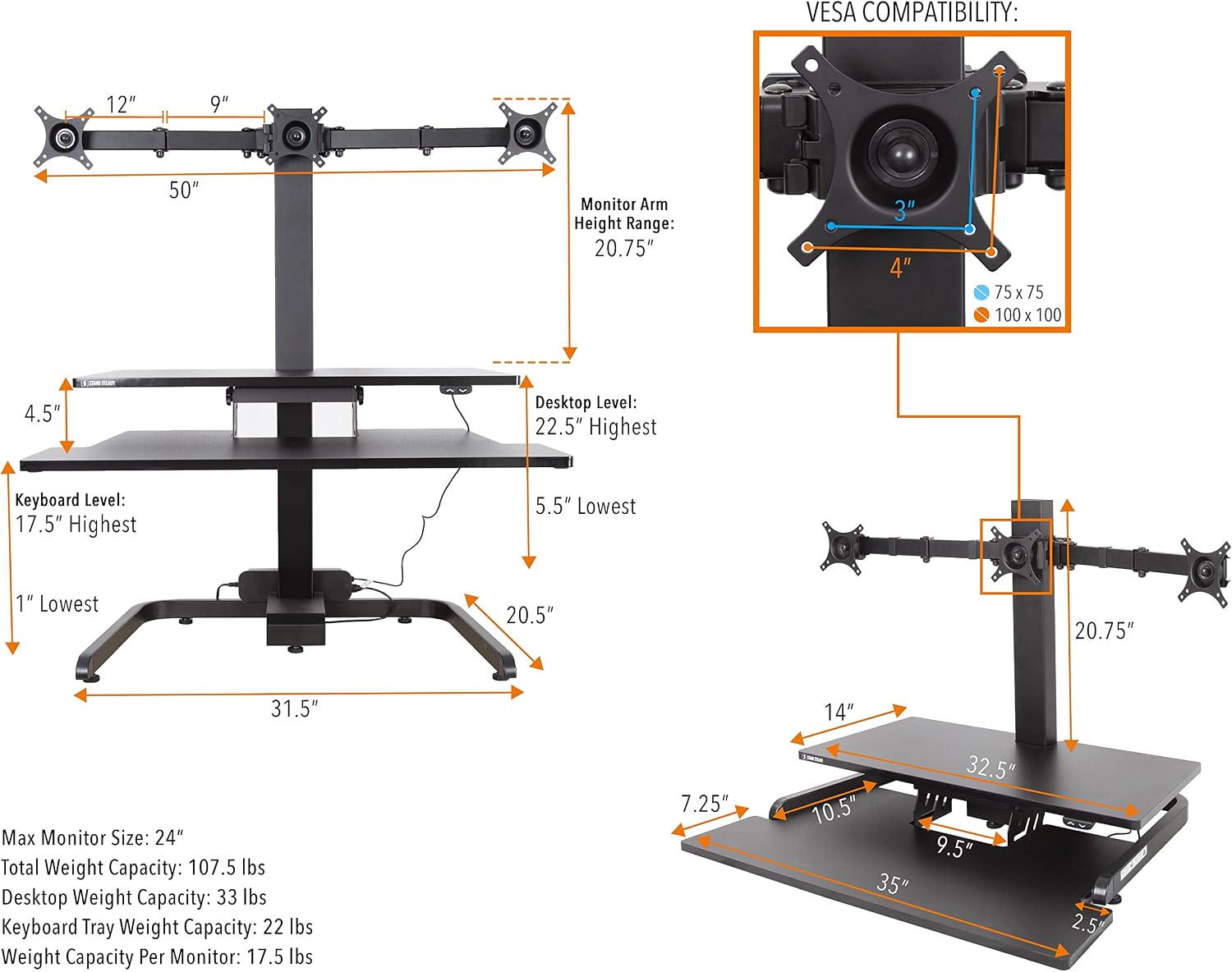 Stand Steady Techtonic Electric Standing Desk Converter wIth Triple Monitor Mount, 3 Screen Support, Quiet Sit-Stand Desk with Button Control, Keyboard Tray, Ideal for Gaming & Computer Work (Black)