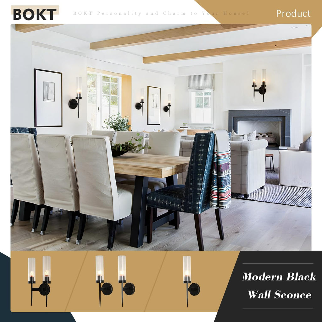 BOKT Mid Century Modern Black Slim Wall Sconce Lighting Set of Two 1-Light Clear Cylinder Glass Sconces Wall Lighting Set of 2 Minimalist Single Bathroom Vanity Light Fixture