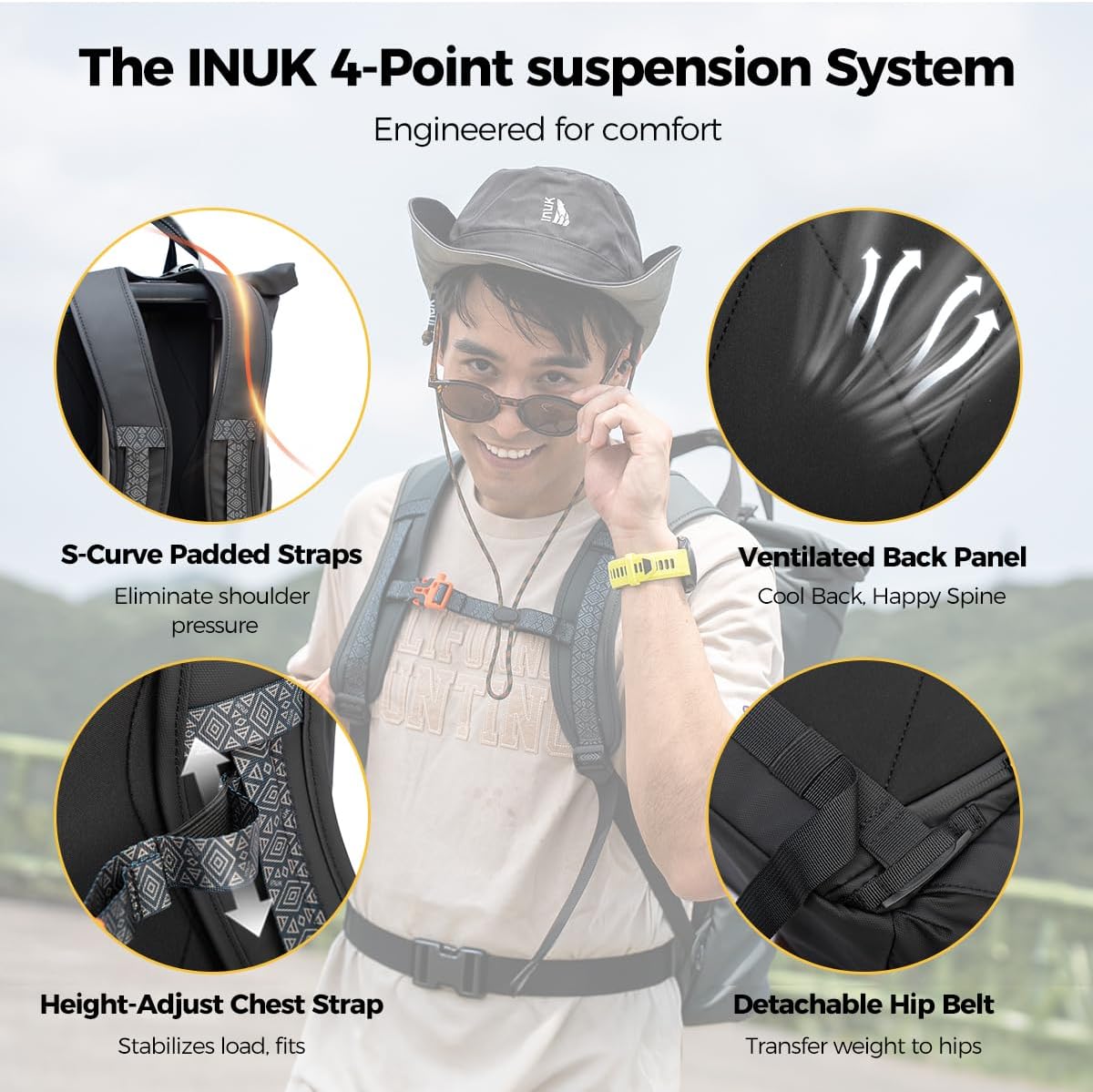 INUK 38L Travel Backpack for Men & Women, Water Resistant Laptop Backpack Hiking Daypack, Eco Friendly Made from 32 Recycled Plastic Bottles with Safety Whistle & Fidlock Magnetic Buckle, Black
