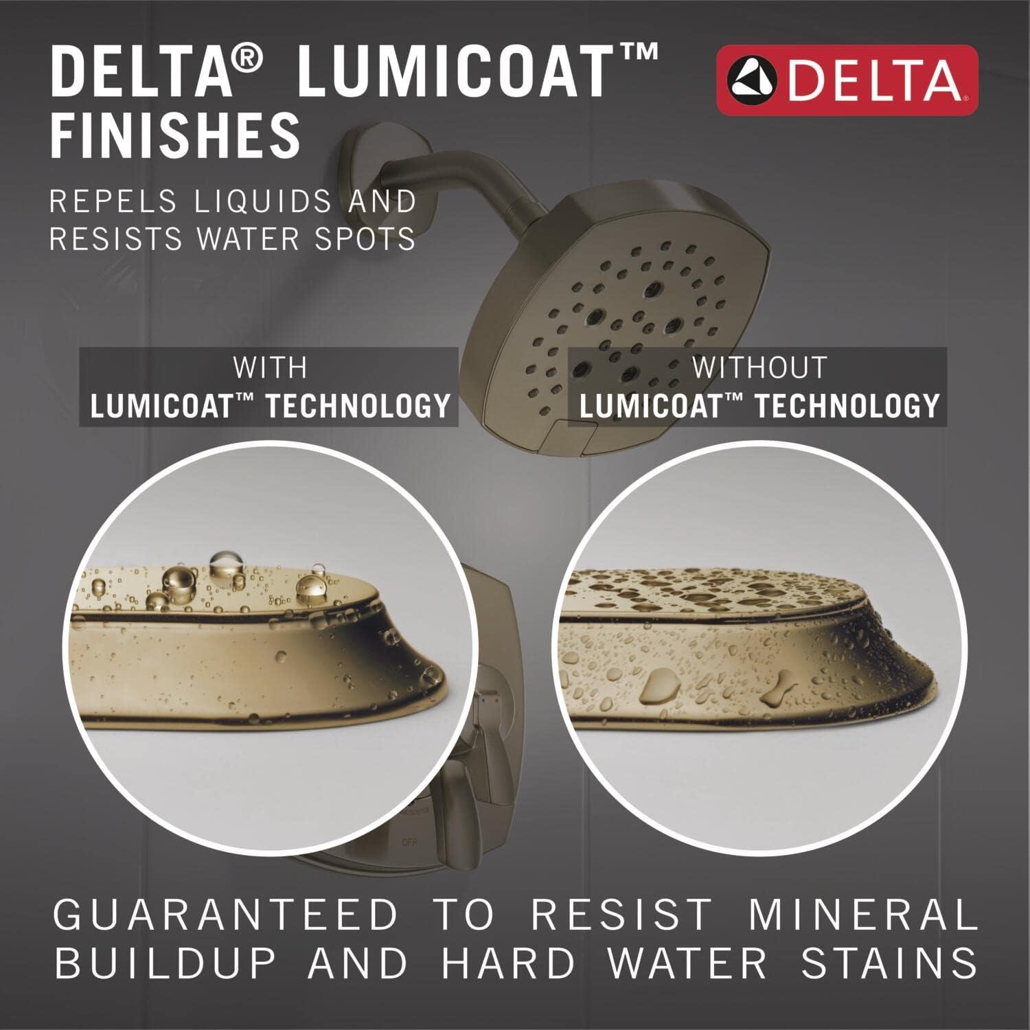 Delta 4-Setting Brushed Gold Shower Head with H2Okinetic Spray, 4 Inch Square Shower Head, Showerheads, 1.75 GPM Flow Rate, Lumicoat Champagne Bronze 52484-CZ-PR