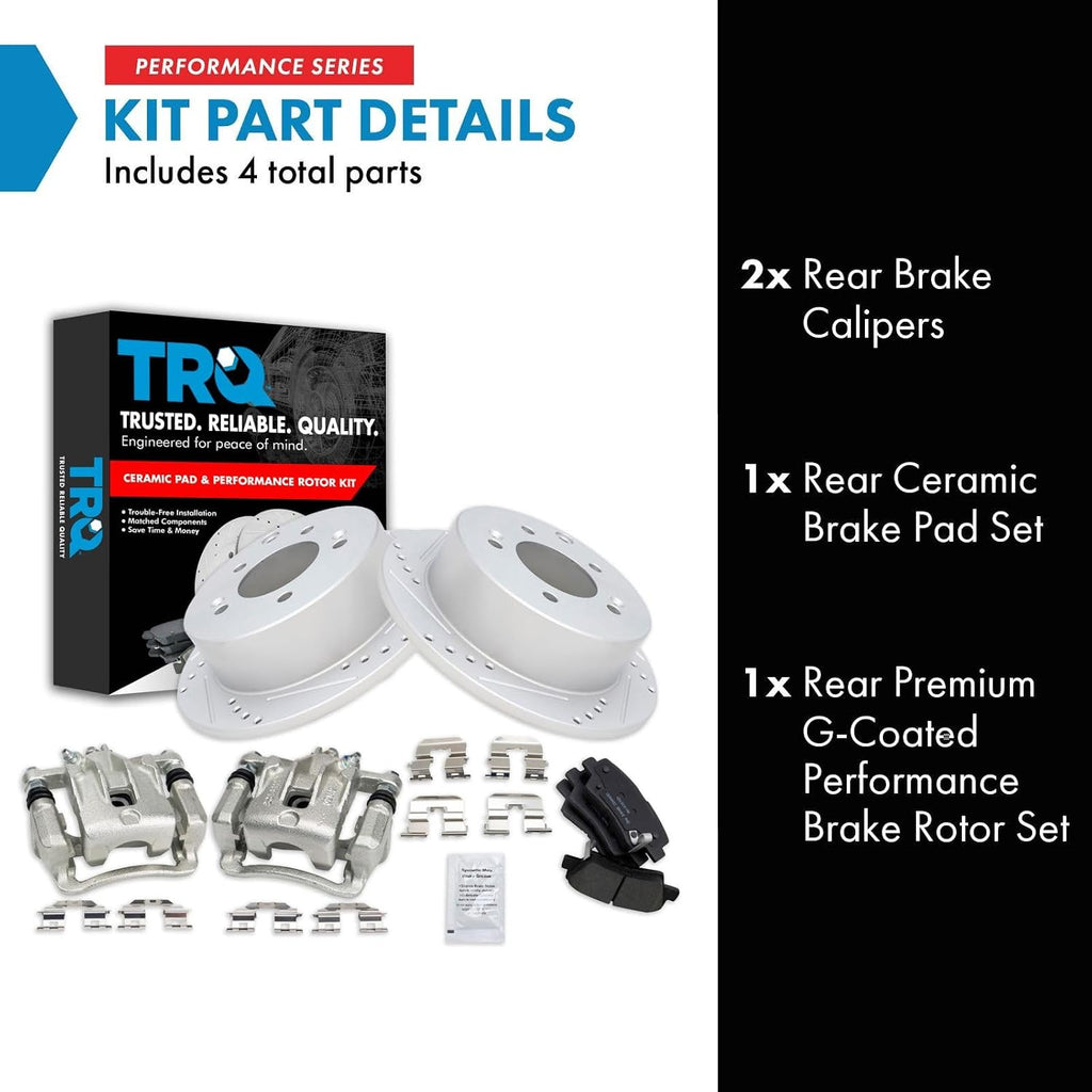 TRQ Performance Rear Brake Pad and Rotor Set Ceramic Coated Drilled Slotted Rotors Calipers Compatible with 2010-2013 Kia Soul
