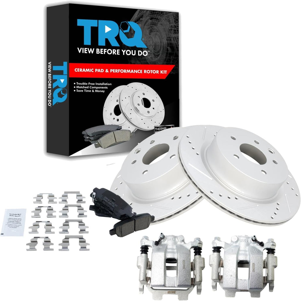 TRQ Performance Rear Brake Pad and Rotor Set Ceramic Vented Coated Rotors Calipers Compatible with 2011-2012 Infiniti G25 2011-2013 G37 2015 Q40 2010-2019 Nissan 370Z