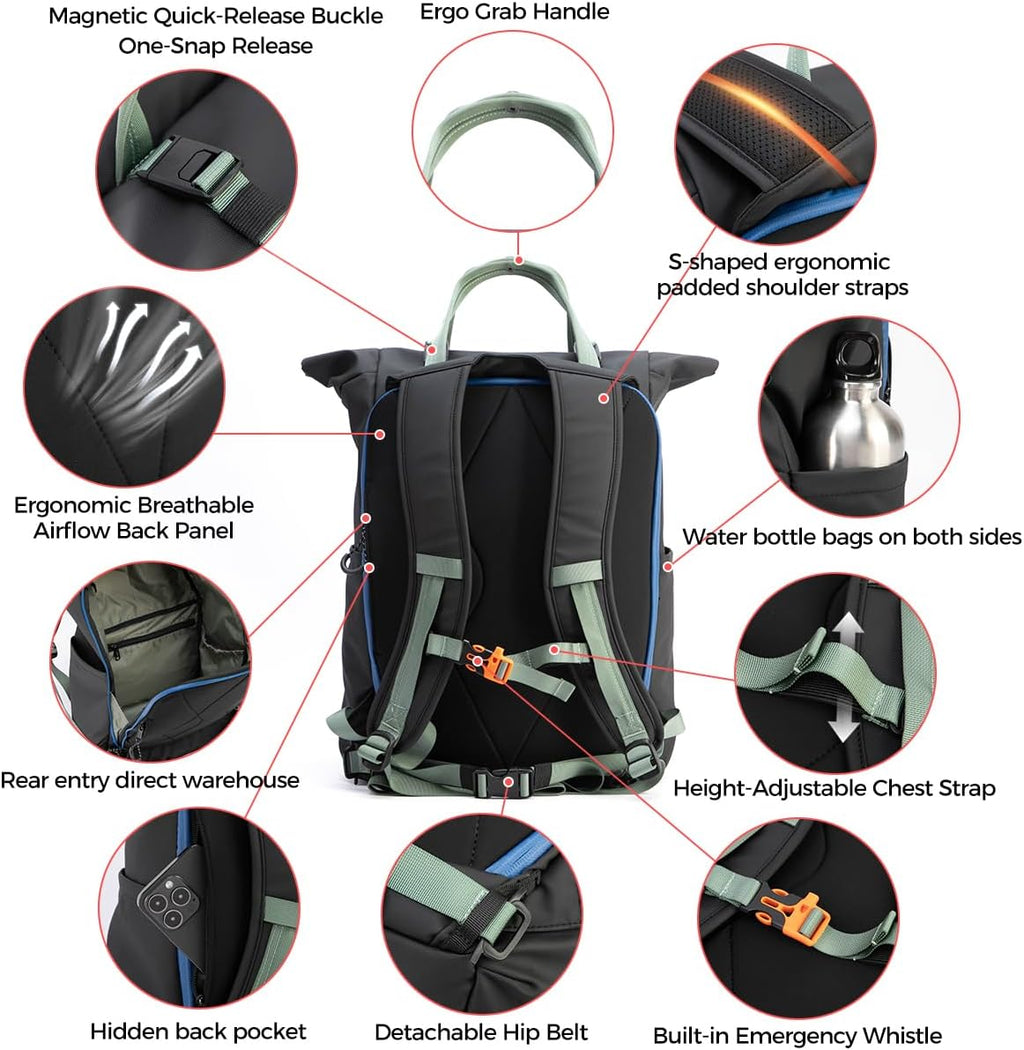 INUK Roll Top Backpack with Laptop Compartment, Gray with Mint Green Handles and Yellow Zipper Trim, Travel and Work Bag