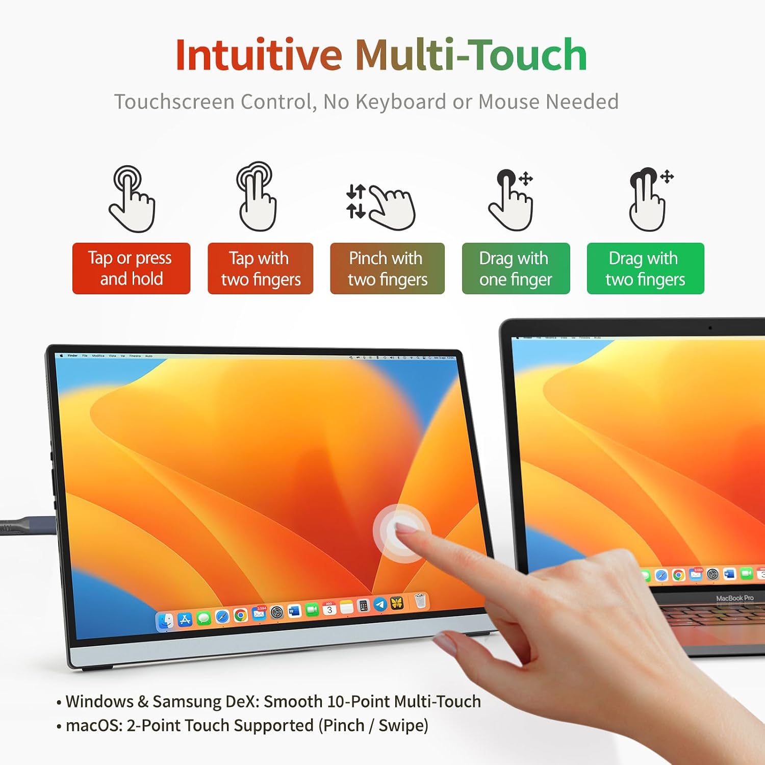 Intehill 2.5K Portable Monitor Touchscreen, 14' Portable Touch Screen for Laptop 2560x1600, 16:10 Travel Monitor with Tempered Glass, 100% sRGB USB & HDMI Portable Display with Stand & Speaker, Q14ZT