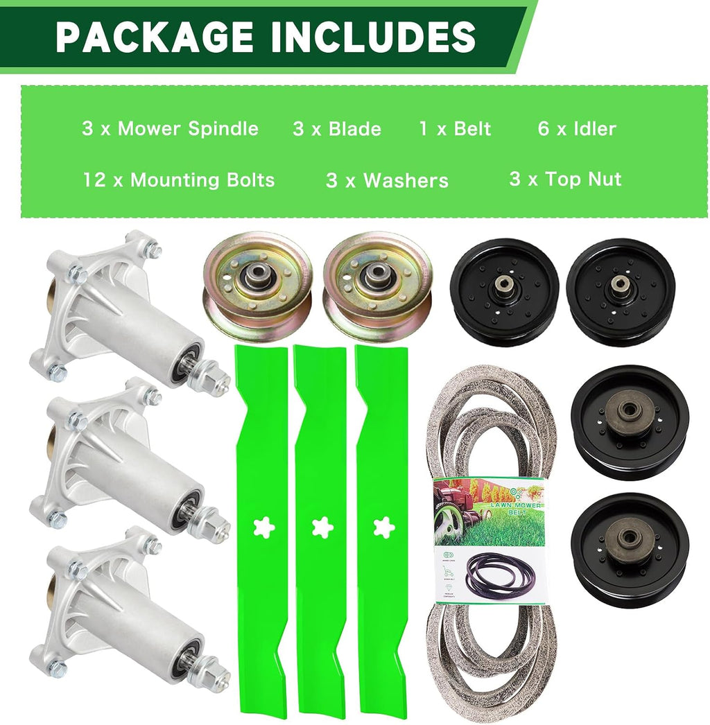 48 inch Deck Rebuild Kit for Husqvarna 2748GLS 2448T YTH2348 Includes 3 Spindle 532187292 3 Blade 21547939 2 Idler 177968 2 Idler 196104 2 Idler 196106