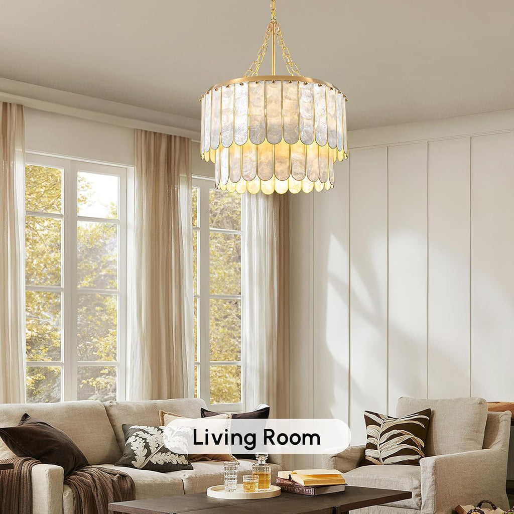 Modern 5-Light Shell Chandelier, 2-Tiered Faceted Pendant Light with Gold Metal Frame, E26 Lighting Fixture for Dining Room, Bedroom, Living Room